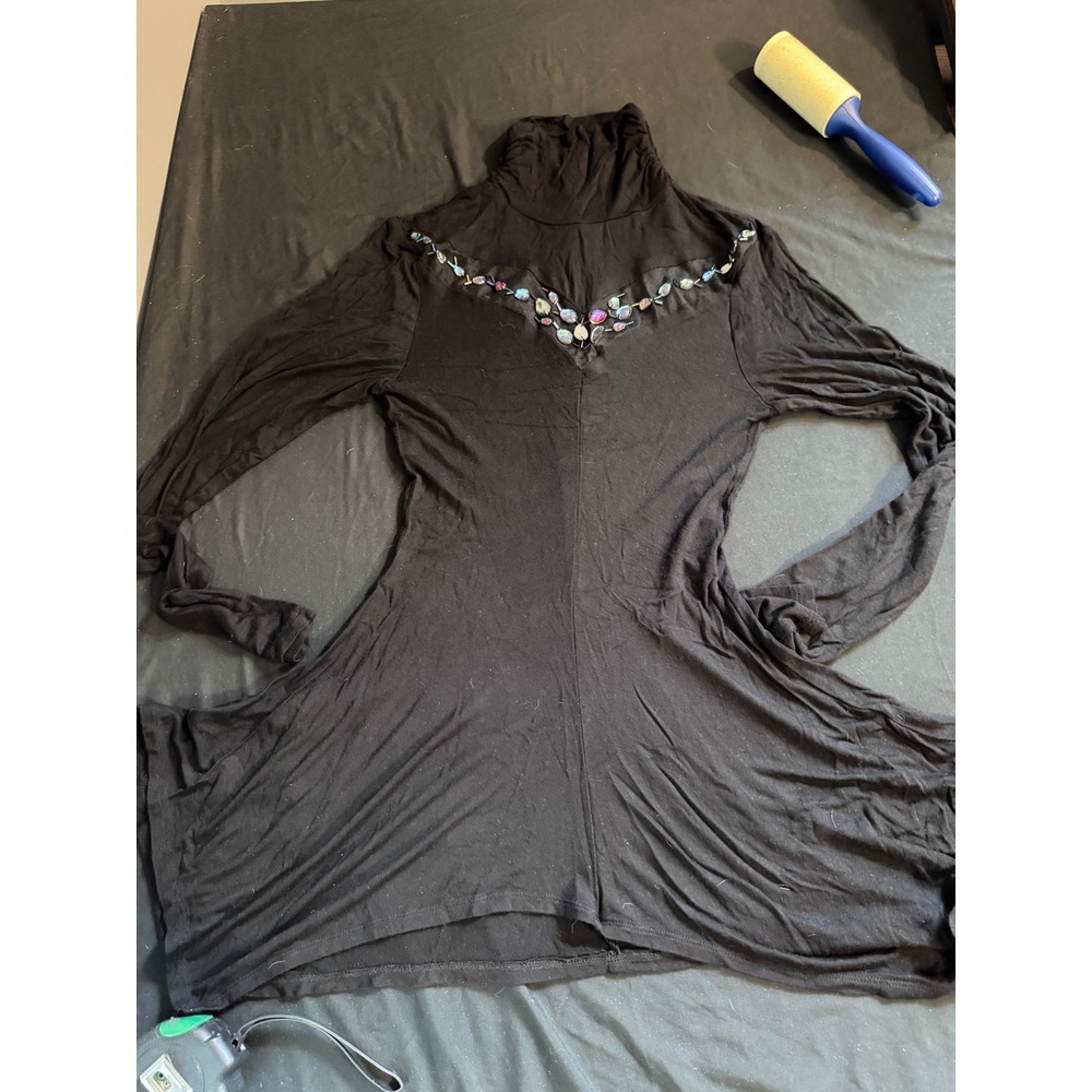 Venus Black Embellished Turtleneck Handkerchief Hem Tunic Top XS
